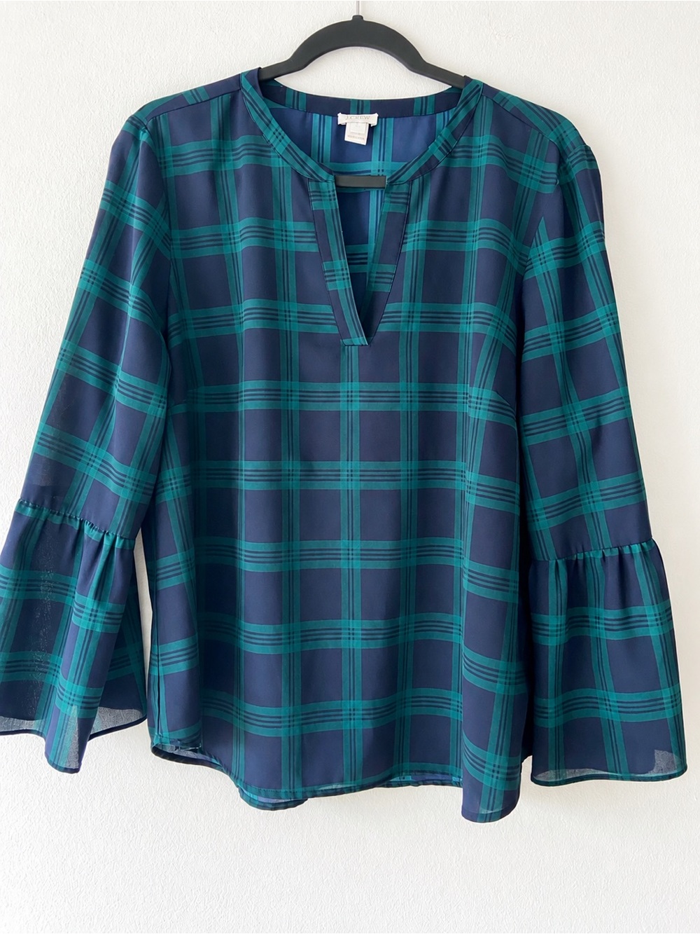 J.Crew Plaid Bell Sleeve Blouse Navy Teal Size XL